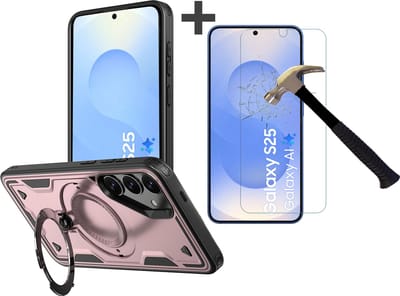Hoesje Geschikt voor Samsung Galaxy S25 met gehard glas Screenprotector - Armor hoes met Ringhouder - Arara backcover - Rosegoud