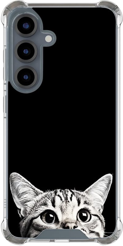 Shockproof hoesje geschikt voor Samsung Galaxy S25 - Kat kiekeboe - Schokbestendig - Verhoogde randen - TPU case - Extra Sterke Back Cover - Print - Transparant, Zwart