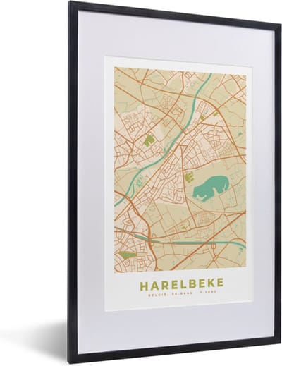 Fotolijst incl. Poster - Retro - Kaart - Plattegrond - Harelbeke - Stadskaart - 40x60 cm - Posterlijst