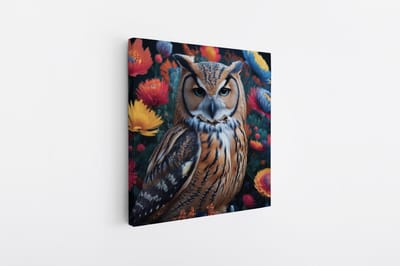 Saammp Canvas Schilderij - Uil tussen kleurrijke bloemen - Abstract - Dieren - 20x20 - Foto op canvas - Wanddecoratie - muurdecoratie Woonkamer - Slaapkamer decoratie - Canvas Print