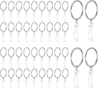 Dailygoods - 80 stuks gordijnringen met gordijnhaken 30 mm, 40 metalen haken voor stangen met 40 kunststof ringen voor douchegordijnstangen ramen (zilver)