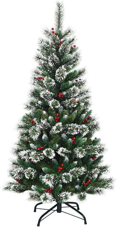 COSTWAY 150/180/210/240 cm, kunstkerstboom met rode bessen, met sneeuw bedekte dennenboom met metalen standaard, kerstboom pvc- en dennennaalden, kunstboom, klapsysteem voor Kerstmis, 150 cm