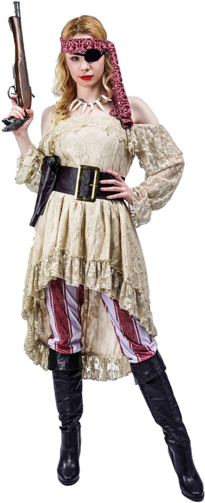 Kostuum Crème-Rode Piratenvrouw – Inclusief Jurk, Broek, Riem, Ooglapje, Ketting en Hoofdband – Carnaval & Verkleedkleding – One Size