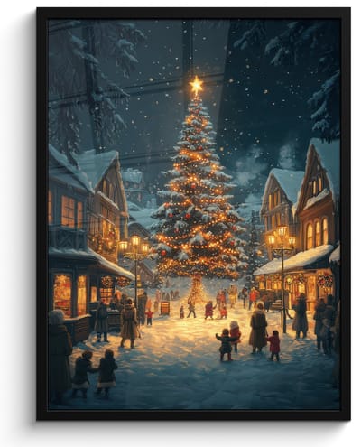 Poster in lijst - Fotolijst 60x80 cm - Posters - Kerstfeest - Dorp - Donker - Posterlijst zwart - Decoratie - Wanddecoratie woonkamer - Muurdecoratie slaapkamer - Kerstversiering - Kerstdecoratie voor binnen - Kerstmis