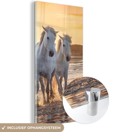 MuchoWow® Glasschilderij 60x120 cm - Schilderij acrylglas - Paarden - Water - Strand - Dieren - Foto op glas - Schilderijen
