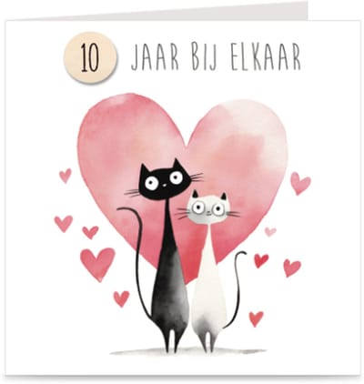 10 JAAR BIJ ELKAAR | kaart / wenskaart met envelop | POEZEN | stel / relatie / huwelijk / samen / jubileum