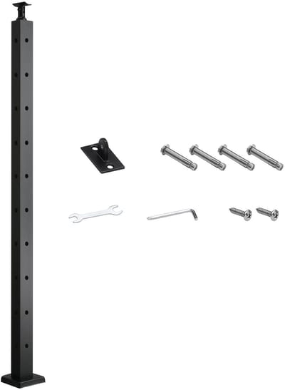 Hoek Tralie Paal, 91.4x3x5 Cm - RVS 304 Materiaal - L-Vormige Voorgeboorde Gat en - Met Gebog en Bevestiging - Zwarte Uitvoering