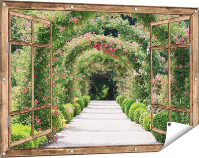 Gards Tuinposter Doorkijk Rozenbogen Tunnel - 120x80 cm - Tuindoek - Tuindecoratie - Wanddecoratie buiten - Tuinschilderij