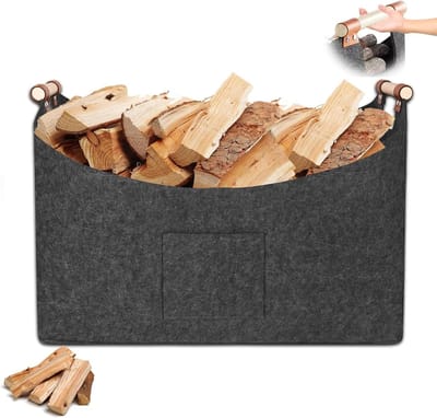 Dailygoods - XXXL Houten mand voor haardhout, 100 liter, 60 x 40 x 40 cm, met antislip handgrepen en voorvak, opvouwbare vilten mand, haardhout voor boodschappen, hout, kranten of brandhout