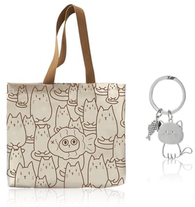 Canvas Tas Met Kattenpatroon En Sleutelhanger - Opvouwbare Boodschappentas