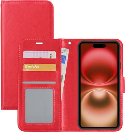 Hoesje - Met Pasjeshouder - Geschikt voor Apple iPhone 16 Plus - Luxe Bookcase Portemonee - Flip Case - Kunstleer Book Case - Flipcase - Book Cover - Walletcase - Portemonneehoes - Rood