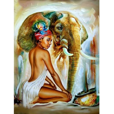 Borduurwerk Diamant Schilderij Afrikaanse Vrouw en Olifant Afbeelding van Strass Volledige Ronde Woondecoratie 20X30CM brown