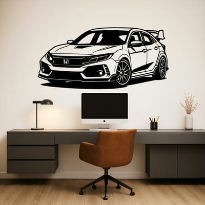 Auto Wanddecoratie Honda Civic Type R – Houten Muurdecoratie 75 cm – Zwart Lasergesneden Design – Voor Garage, Mancave en Woonkamer – Cadeau voor Autoliefhebber
