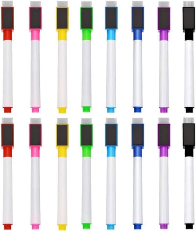 Set van 16 uitwisbare whiteboardmarkers in 8 kleuren, viltstiften met grote punt voor school, kantoor en creatief gebruik