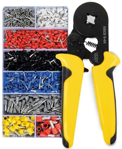 Zylo® Adereindhulstang - Adereindhulzen - Kabelschoentang - 10 Verstelbare Ratelhulsstang met 1200 Hulzen - 24x14x7cm - Geel