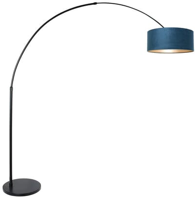 Zwarte Vloerlamp Booglamp Sparkled Light 8242ZW met Blauw Velours Kap, Metaal en Textiel, Hoogte Verstelbaar, Draaibaar en Uitschuifbaar, Steinhauer