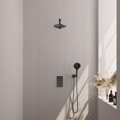Brauer Gunmetal Carving Thermostatische Regendoucheset Inbouw - Hoofddouche 20 cm - Rechte Wandarm - 3 Weg - Handdouche 3 Standen - Doucheslang - Wandaansluitbocht - Gunmetal