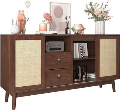 Dressoir – Opbergkast MDF Rattan met 3 Schuifdeuren - Donker eiken