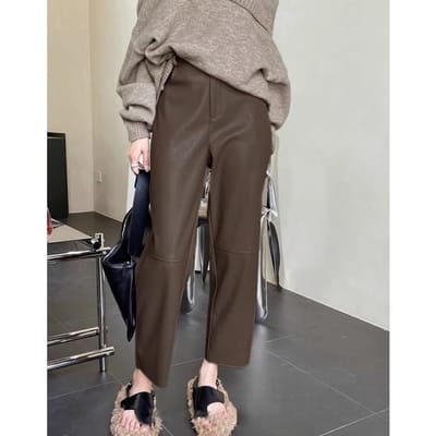 Zacht Lamsleer Losse Taille Elastisch Kleine Rechte en Losse Rand Negenpunts Alles-match Leren Broek voor Dames Casual Broek XL gray
