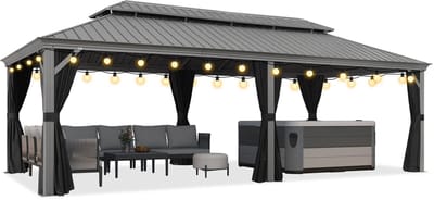 PURPLE LEAF Hardtop Aluminium Tuinpaviljoen – Dubbel dak – Hoogwaardige Gordijnen – Wind- en weerbestendig – Luxe Lichtgrijs – Met Sfeerverlichting