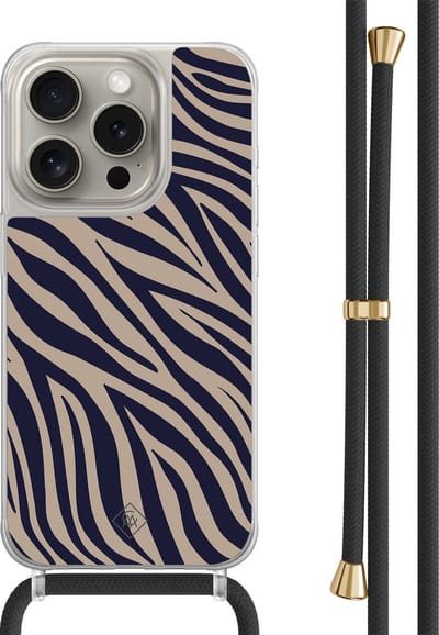 Casimoda® hoesje met zwart koord - Geschikt voor iPhone 15 Pro - Chevron Navy - Afneembaar koord - TPU/polycarbonaat - Blauw