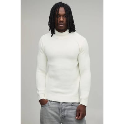 Lange Gespierde Pasvorm Geribbelde Coltrui Gebreide Trui | Ecru | Size Small