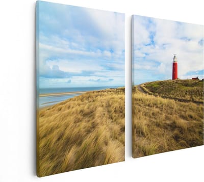 Artaza Canvas Schilderij Tweeluik Vuurtoren met Duinen in Texel - 80x60 - Foto Op Canvas - Canvas Print