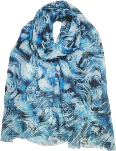 Lange dames sjaal Karlijn fantasiemotief blauw wit zwart turquoise