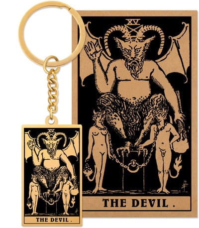 Tarot Sleutelanger XV: De Duivel / The Devil - Op Cadeau Kaartje - Goudkleurig Stainless Steel - Grote Arcana uit Rider-Waite Geïnspireerd - Pax Amare