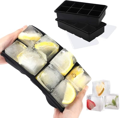 Famanu – Set van 2 XXL siliconen ijsblokjesvormen – 16 grote blokken van 5 cm – BPA-vrij – Zwart