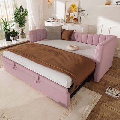 DESMIU Dagbed 90x200cm Zonder Matras - Uittrekbaar Bed Met Rolbed Voor Extra Slaapplaats - Voor Woonkamer En Slaapkamer - Fluweel - Roze