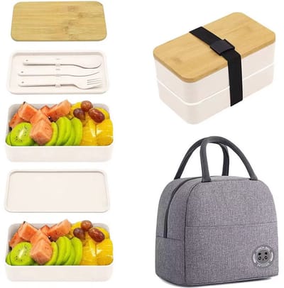 Lunchbox Set met Tas – 2 Laags Lunchbox (1200 ml) met Bamboe Deksel & Bestek – Inclusief Geïsoleerde Draagtas – Wit met Grijze Tas