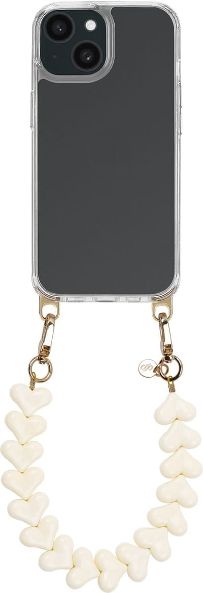 Selencia Transparant Hoesje met Haakjes inclusief Hartjes Polskoord - Geschikt voor Apple iPhone 15 - Beige