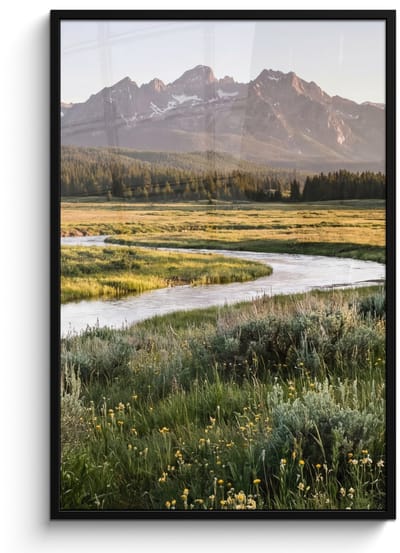 Poster in lijst - Fotolijst 80x120 cm - Posters - Berglandschap - Rivier - Bos - Posterlijst zwart - Decoratie - Wanddecoratie woonkamer - Muurdecoratie slaapkamer