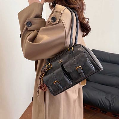 Dames Retro Effen Kleur PU Leer Schoudertas met Meerdere Vakken Grote Capaciteit Wordt Geleverd met Een Afneembaar Accessoire Bedeltje 28x10x18cm gray