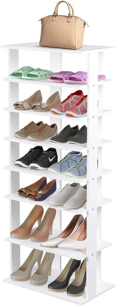 COSTWAY Schoenenrek met 8 niveaus, in hoogte verstelbaar, ruimtebesparend schoenenrek van hout, schoenenorganizer, verticaal, vrijstaand hoekrek voor ingang, hal, wit, dubbel, JZ10098/ HW66076