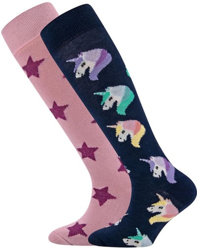 Kniekousen Ewers Kindermaat - DUOPACK - Roze & Donkerblauw met Sterren & Eenhoorn Hoofden-23/26