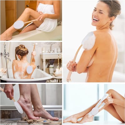 Lotion Applicator- 2 in 1 Body Borstels & Back Cream Applicator, Lange Houten Handvat met 3 Vervangbare Borstelkop en 6 Waterdichte Strip