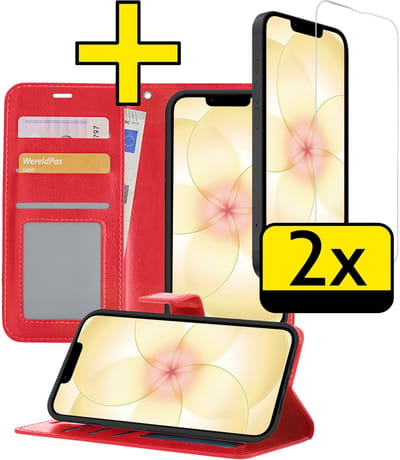 Hoesje - Met 2x Screenprotector - Geschikt voor Apple iPhone 17e - Luxe Pasjeshouder - Bookcase Portemonee - Flip Case - Kunstleer Book Case - Flipcase Hoes - Book Cover - Walletcase - Portemonneehoes - Telefoonhoesjes - Rood