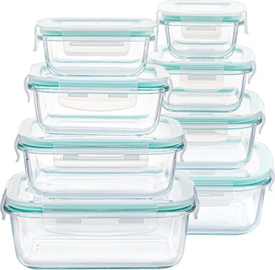 Famanu - 8-pack glazen container voedselopslag, glazen maaltijdbereidingscontainers met deksels, luchtdichte lunchdozen met lekvrije vergrendelingsdeksels, voor magnetron, oven, vriezer en vaatwasser