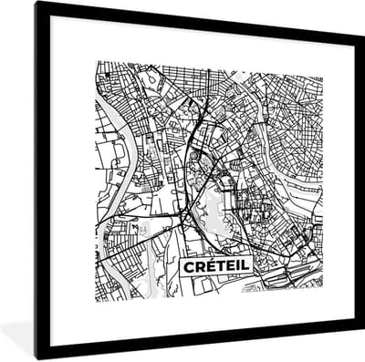 Fotolijst incl. Poster Zwart Wit- Stadskaart - Frankrijk - Créteil - Kaart - Plattegrond - Zwart wit - 40x40 cm - Posterlijst