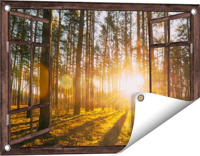 Gards Tuinposter Doorkijk Zonsopkomst in het Bos tussen de Bomen - 60x40 cm - Tuindoek - Tuindecoratie - Wanddecoratie buiten - Tuinschilderij