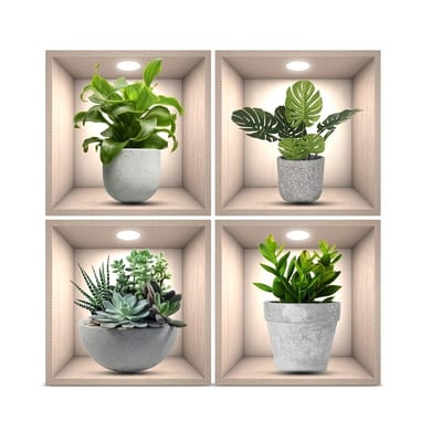 Beige groen planten muurstickers 3D nis effect wand sticker set 4 delig zelfklevende interieur decoratie woonkamer slaapkamer kantoor muurstickers
