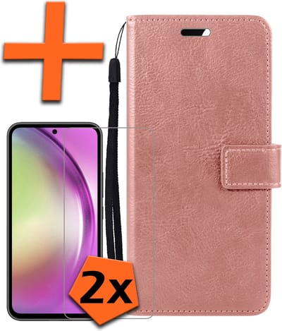 Hoes - Met 2x Screenprotector - Geschikt voor Samsung Galaxy A54 - Luxe Pasjeshouder - Bookcase Portemonee - Flip Case - Kunstleer Book Case - Flipcase Hoes - Book Cover - Walletcase - PortemonneeHoes - Rosé goud