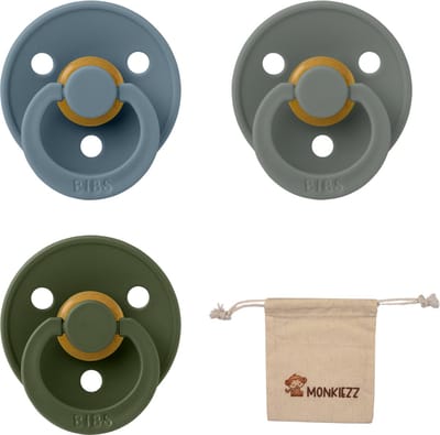 Bibs fopspeen - maat 1 0-6 maanden - 3 stuks – Pine - Petrol - Hunter green + Monkiezz speenzakje