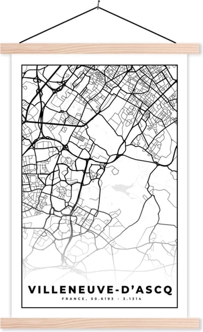 Posterhanger incl. Poster 40x60 cm - Schoolplaat - Kaart - Stadskaart - Frankrijk - Villeneuve-D'Ascq - Plattegrond - Zwart wit - Textielposter - Blanke latten - Stadskaart