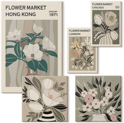Wallfluent Set van canvas schilderijen - Bloemenmarkten uit verschillende steden, retro en vintage stijl Canvas Schilderijen Set - Set van 5 Canvas Schilderijen - Groente Set van Canvas Prints - Natuur Canvas Kunst Set - Boheemse Canvas Kunst Set