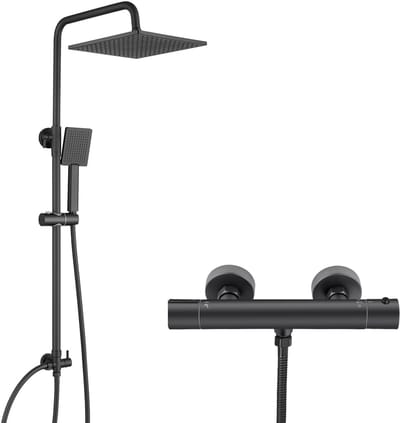 Auralum Max Doucheset met thermostaatkraan - Regendouche Ø 25,4 cm - Handdouche Ø 8.5 cm - Hoogte Verstelbare - Waterbesparend - Zwart