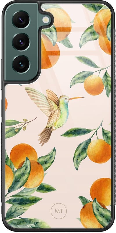 Hoesje geschikt voor Samsung Galaxy S22 - Tropical fruit - Hard Case Zwart Back Cover - Natuur - Oranje - Mooie Telefoonhoesjes