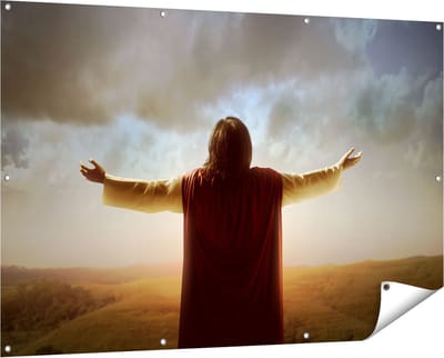 Gards Tuinposter Jezus Christus aan het Bidden bij Zonsopgang - 150x100 cm - Tuindoek - Tuindecoratie - Wanddecoratie buiten - Tuinschilderij